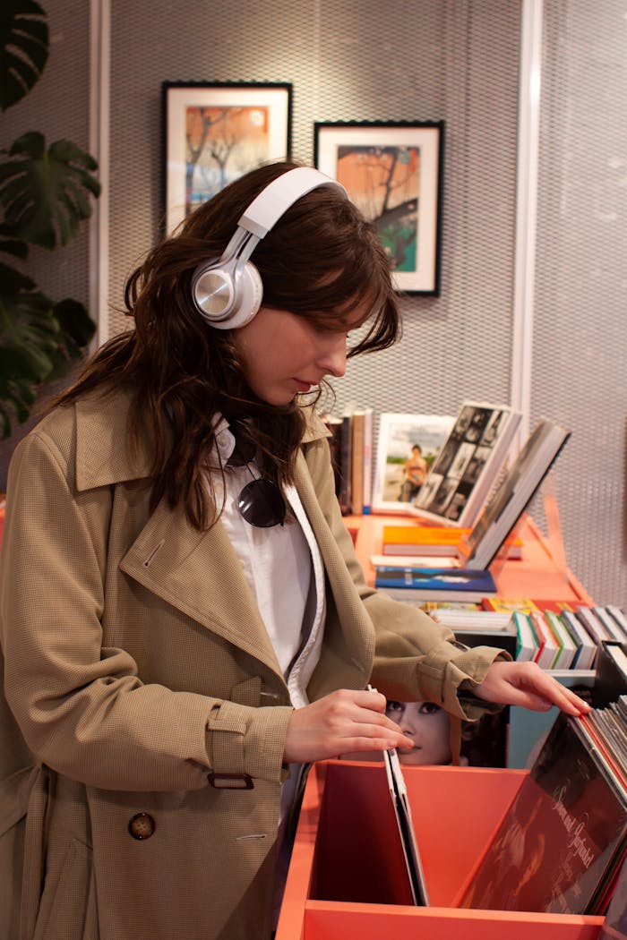 Woman with headphones shopping for vinyl records in a music store.